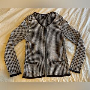 Jones New York Signature Black White Geometric Zip Cardigan Faux Leather Trim S